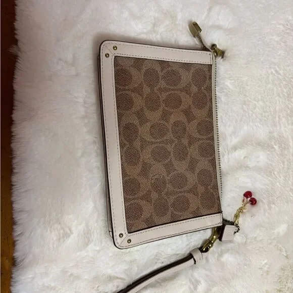 Coach Signature Dreamer Brown and White Women's Wristlet with Cherry Charm - Picture 7 of 9